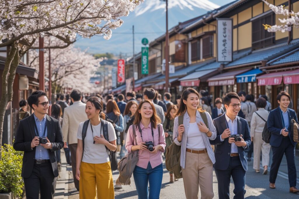 Group of young adults with cameras walking along a bustling cherry-blossom street in Japan, Mount Fuji in the distance.