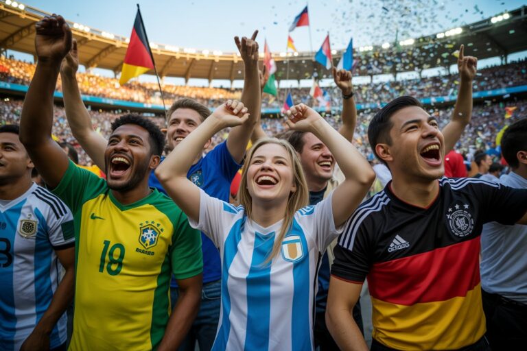 Group of diverse soccer fans cheering with arms raised in a packed stadium, flags waving in the background.