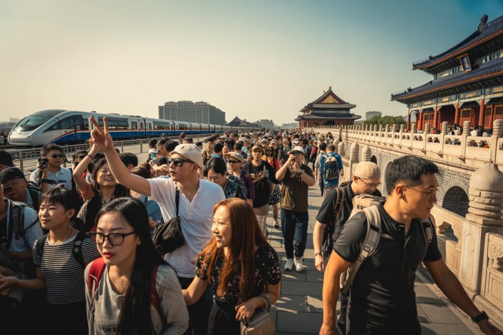 Crowded pedestrian bridge beside traditional Chinese architecture, with a sleek train passing on the left and many tourists taking photos.