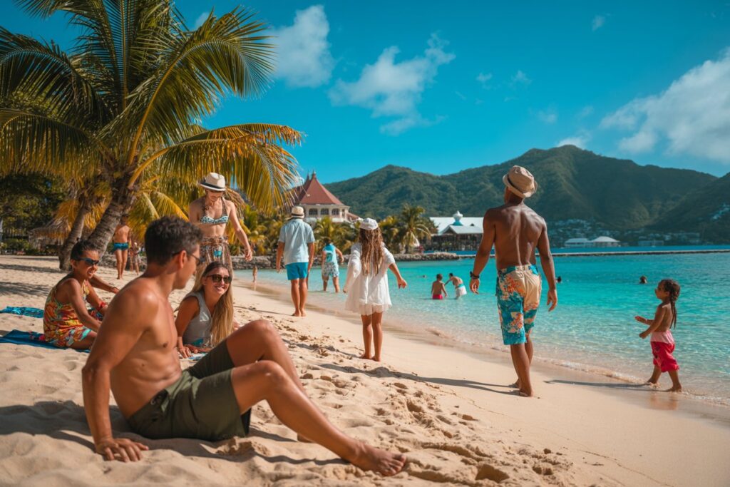 Group of people relaxing on a sunny tropical beach with palm trees and turquoise water, mountains in the background.