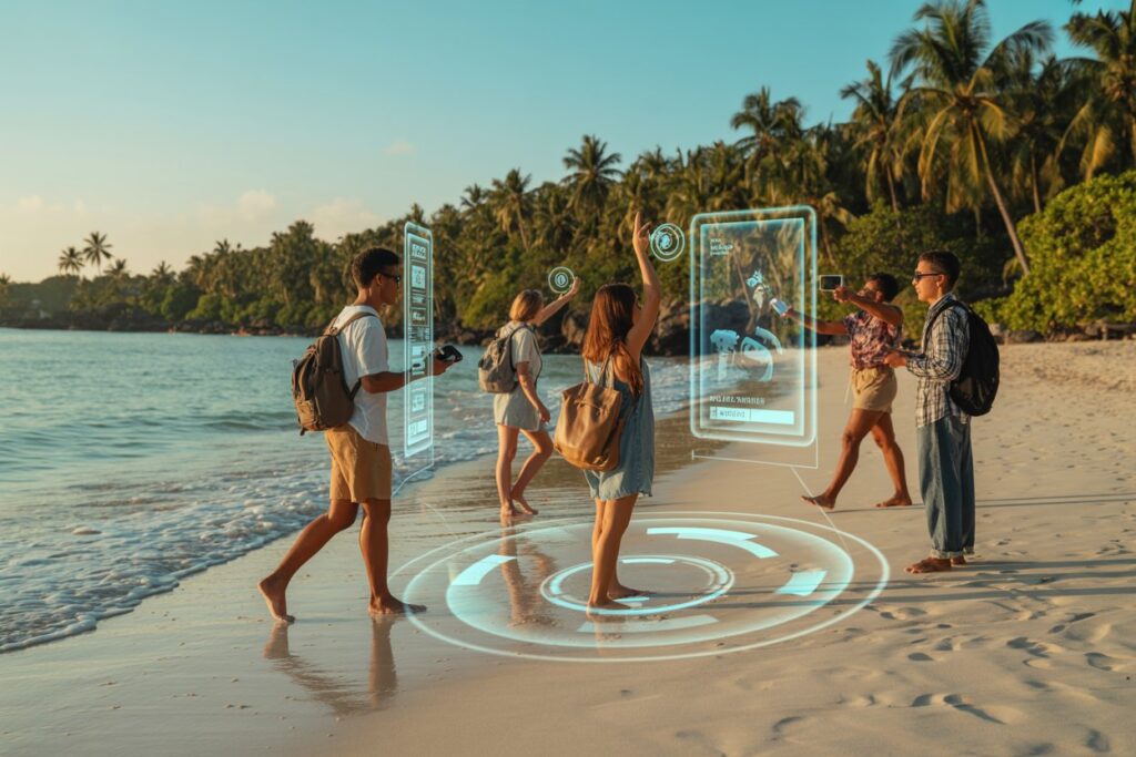 Group of friends on a sunny beach interact with translucent augmented reality holographic screens around them.