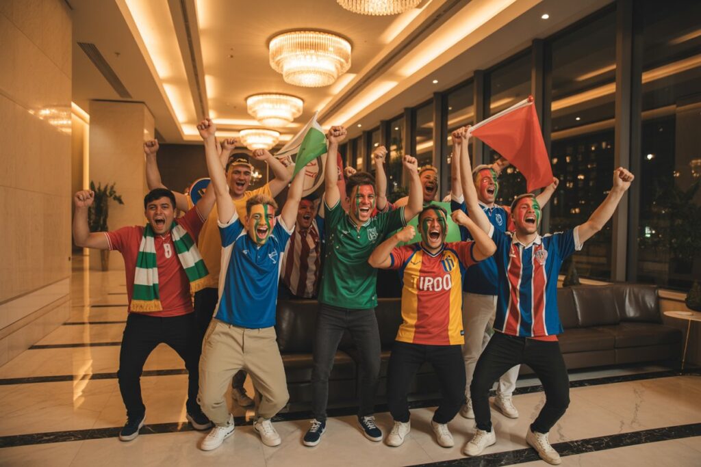 Group of excited soccer fans celebrate in a hotel lobby, raising fists and waving flags and scarves in team colors.