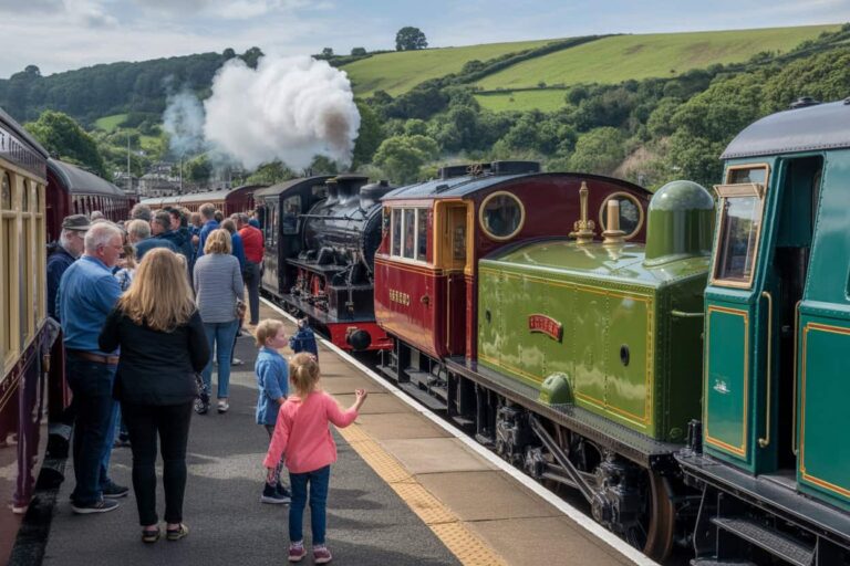 Crowd on a rural train platform beside a green steam locomotive and red carriages as steam billows up.