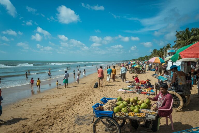 Busy beach with stalls and vendors selling coconuts and snacks along the shore.