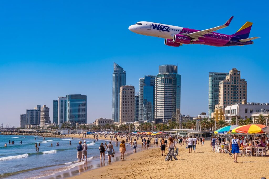 Airplane from Wizz Air flies over a sunny beach with a crowded shoreline and tall city buildings in the background.