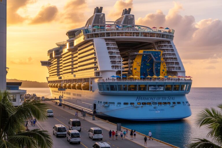 Large white cruise ship Harmony of the Seas docked at sunset with passengers visible on deck and people walking along the pier nearby.