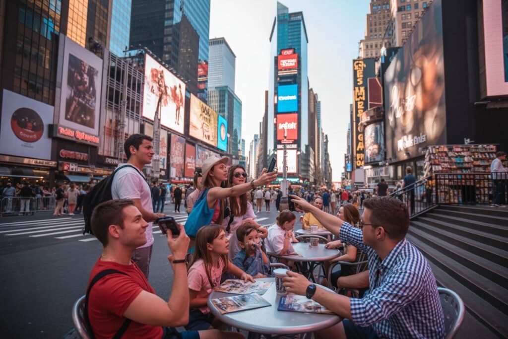 Tourists at an outdoor cafe in Times Square, taking selfies as a man waves a phone for a group photo amid tall illuminated billboards and crowds.