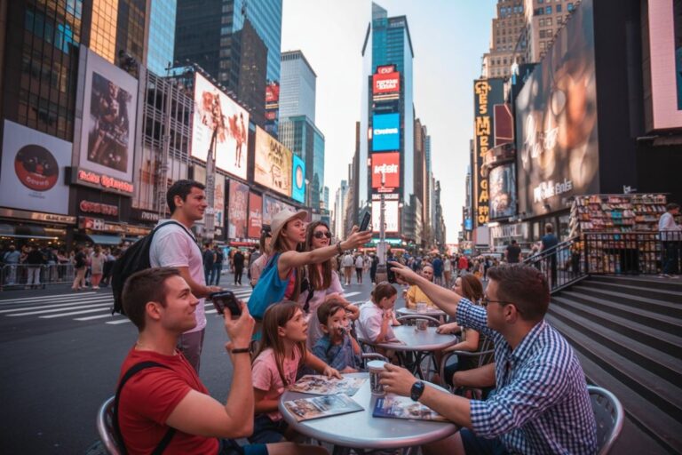 Tourists at an outdoor cafe in Times Square, taking selfies as a man waves a phone for a group photo amid tall illuminated billboards and crowds.