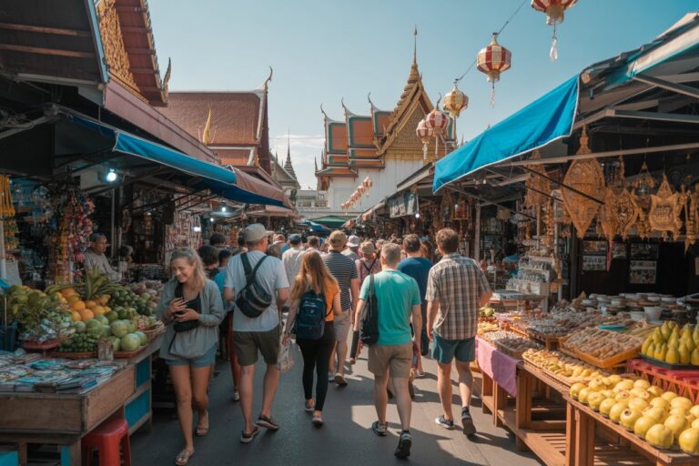 Crowded outdoor market street with fruit stalls on both sides and ornate temple rooftops in the background.