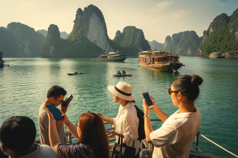 Tourists on a boat near emerald water, taking photos with smartphones against limestone cliffs in a bay.