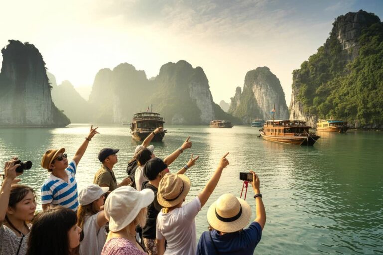 Group of tourists on a boat dock, pointing and taking photos at limestone karst islands in a bay at sunset/in daylight.