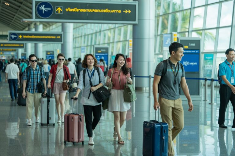 Group of casually dressed travelers walking with rolling suitcases in a bright airport terminal.