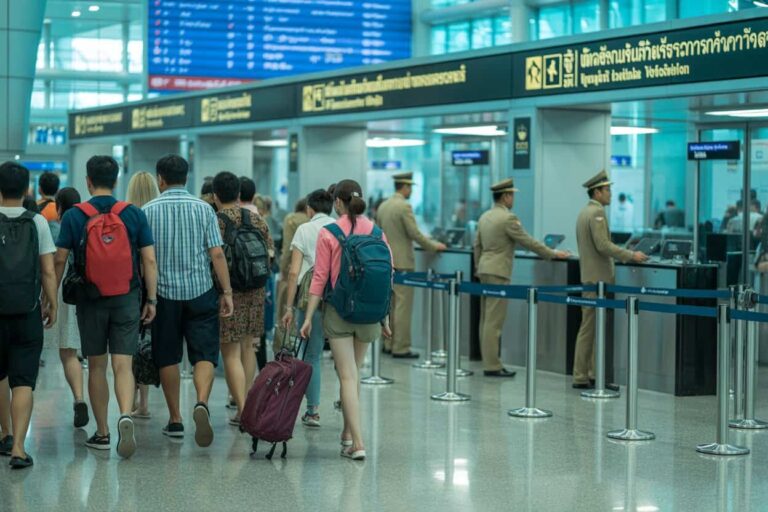 Travelers with backpacks and luggage queue at airport check-in counters staffed by uniformed agents behind glass barriers