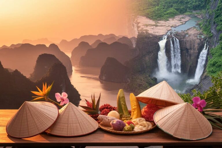 Assorted tropical fruits on a platter with traditional conical hats, set on a wooden table against a sunset waterfall landscape.