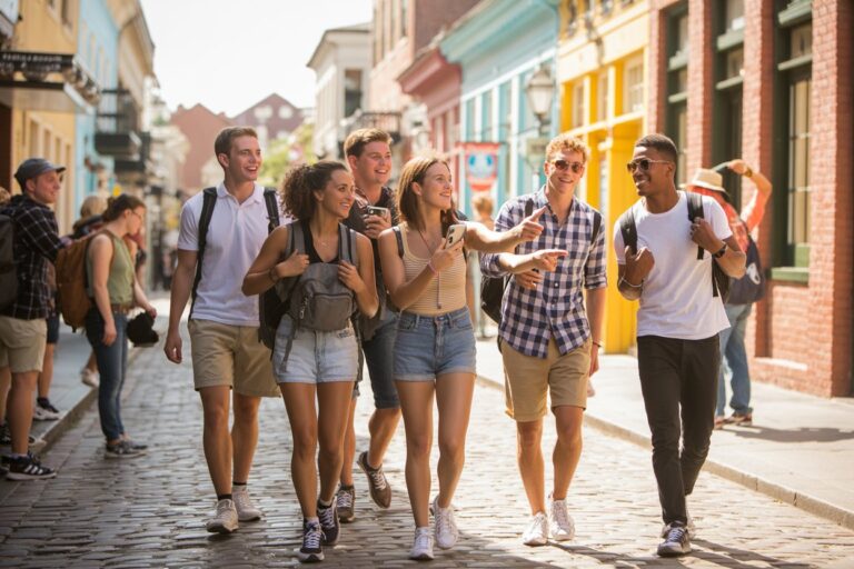 Group of friends strolling down a sunny, cobblestoned street with colorful storefronts in the background; they chat and smile as they walk together.