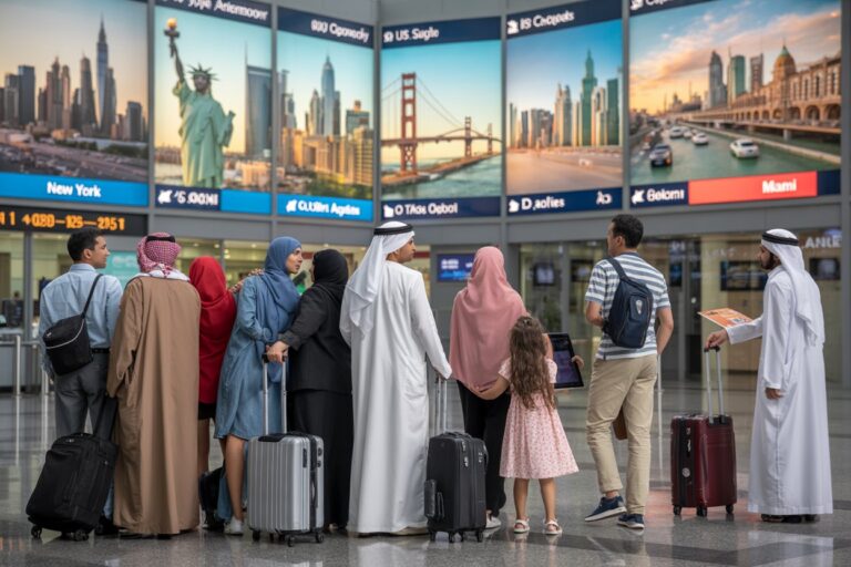 Diverse group of travelers with rolling suitcases waiting in an airport terminal in front of large city posters on the wall.