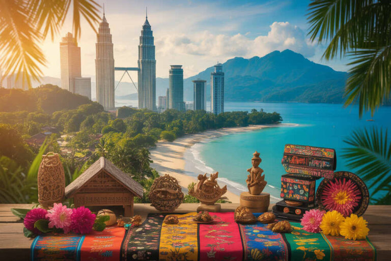 Colorful display of tropical souvenirs and flowers on a vibrant cloth, with a beach and city skyline in the background.