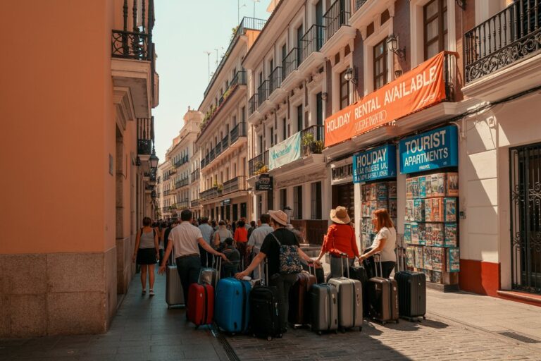 Tourists with rolling suitcases on a sunny, narrow street beside a holiday rental storefront.