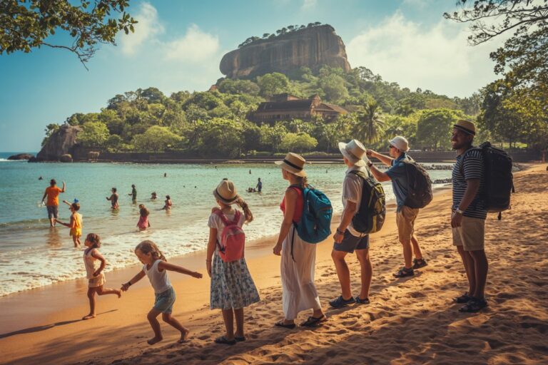 Group of tourists with backpacks and hats watching children play on a sunny beach, with a large rocky hill and temple in the background