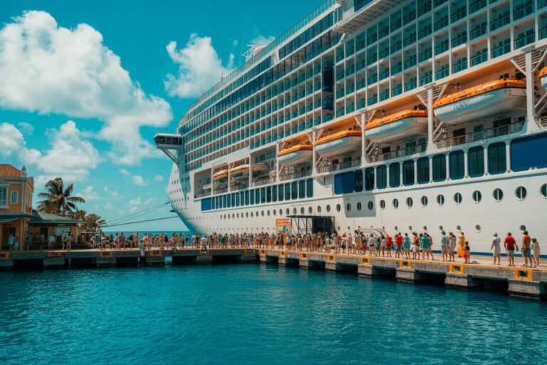 Large cruise ship docked at a sunny port with passengers walking along the pier.0 1