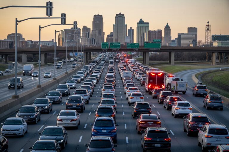 Heavy traffic on a multi-lane freeway at sunset with a distant city skyline.