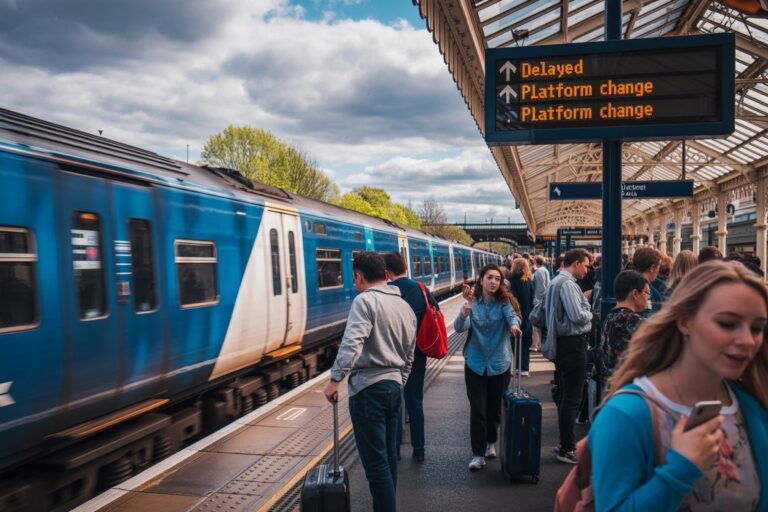 Passengers with rolling luggage stand on a busy platform as a blue train stops nearby; an electronic sign reads 'Delayed' and 'Platform change'.