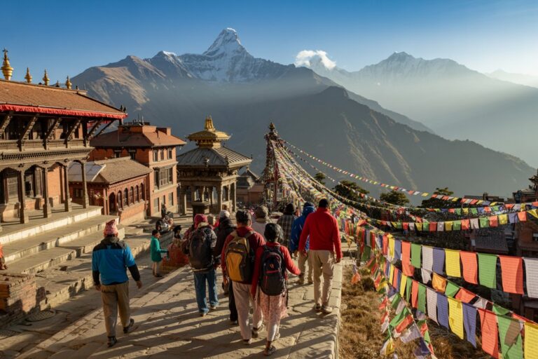 Hikers walk through a Nepalese temple complex with prayer flags and snow-capped mountains in the background, during clear weather.
