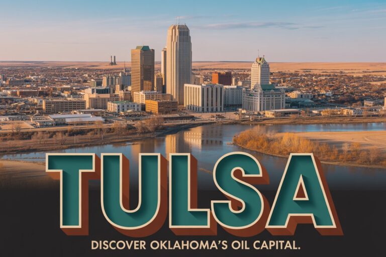 Tulsa skyline with large teal 3D 'TULSA' lettering and the caption 'Discover Oklahoma's Oil Capital'.