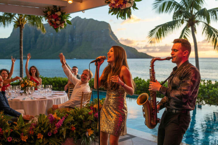 Singer in a gold dress performs with a saxophonist beside a pool at sunset while guests toast at a decorated tropical outdoor reception by the sea cliffs.