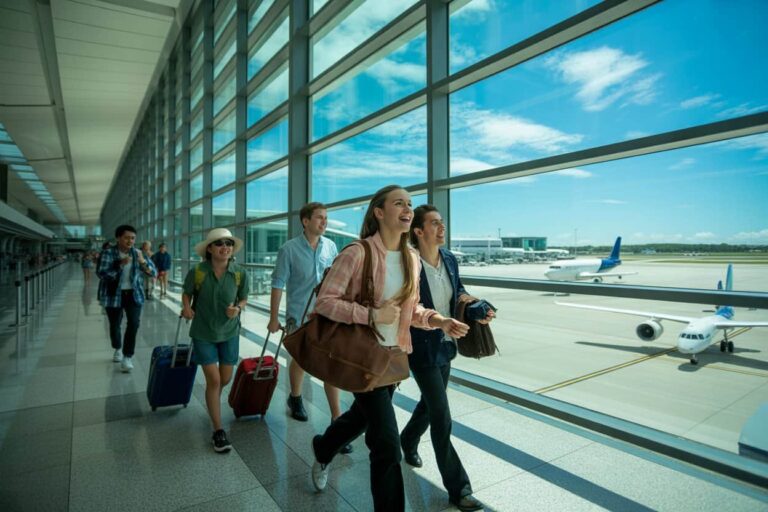 Group of travelers walking through a bright airport terminal with suitcases, blue sky visible outside the glass wall