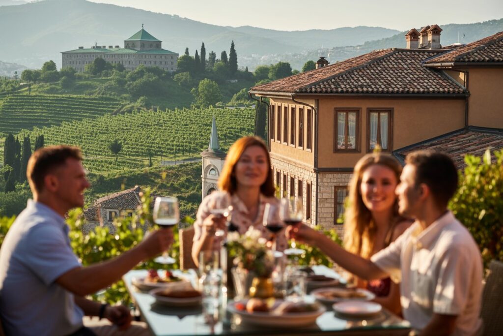 Group of four people toasting with wine at an outdoor table in a vineyard, with hills and a villa behind them.