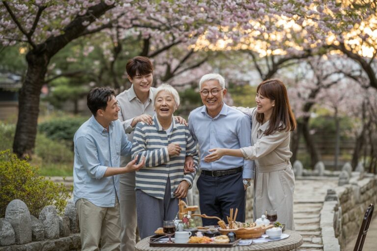 Multigenerational family of five smiling and walking together in a cherry blossom park, with a table of food in the foreground.