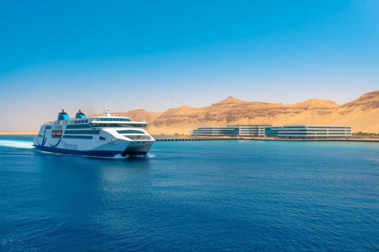 Ferry boat sailing from a desert coastline with rocky hills and modern hotel buildings in the background.