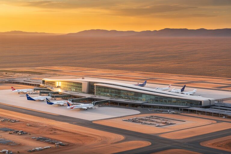 Sunset over a modern airport terminal with several parked airplanes at gates in a desert setting, distant mountains on the horizon.