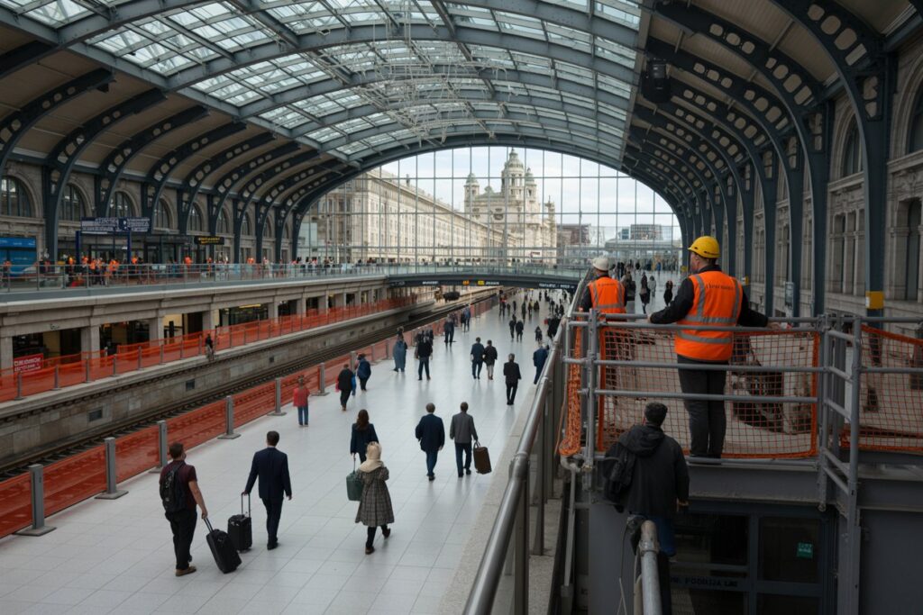 Busy train station concourse with a glass arched roof; travelers walk with luggage while construction workers stand on a raised platform to the right.