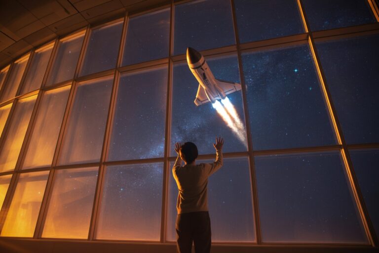 Person inside a glass-walled room raises hands toward a rocket launching outside at night, flames visible from the engines.