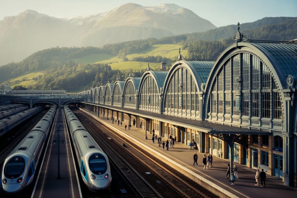 Large train station with ornate glass arches and two blue high-speed trains at the platforms, passengers walking along the platforme.