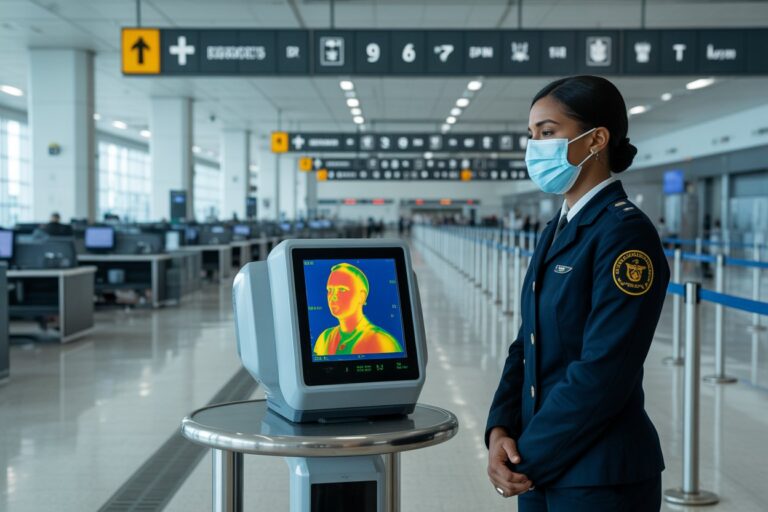 Airport security officer in uniform and mask stands beside a thermal imaging monitor displaying a color heat map.