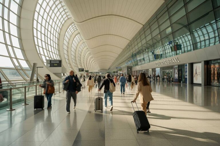 Busy airport terminal with travelers walking and pulling wheeled luggage along a glass-fronted concourse with curved roof panels.
