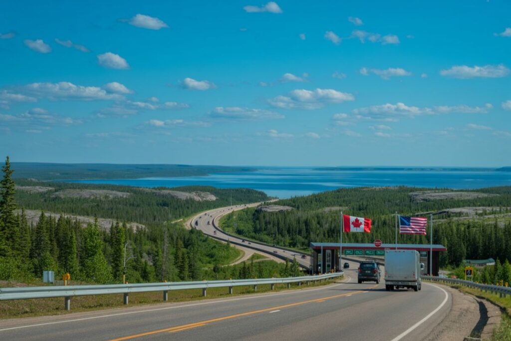 Flags of Canada and the United States fly above a toll plaza on a winding highway with a lake and pine forest in the distance, under a blue sky.