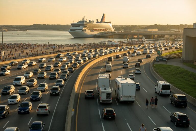 Busy coastal highway at sunset with a large cruise ship docked in the harbor and crowds along the promenade.