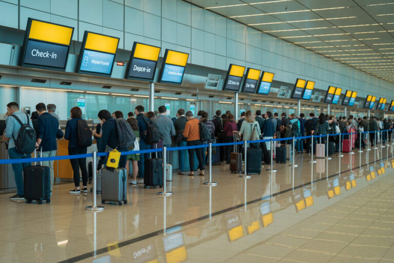 Airport check-in area with a long line of travelers and their luggage behind a blue rope barrier.