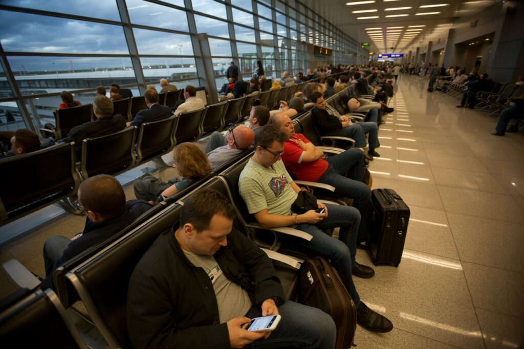 Busy airport or international terminal with rows of seats and travelers waiting near large windows; some people read, use phones, or chat, and suitcases are nearby.