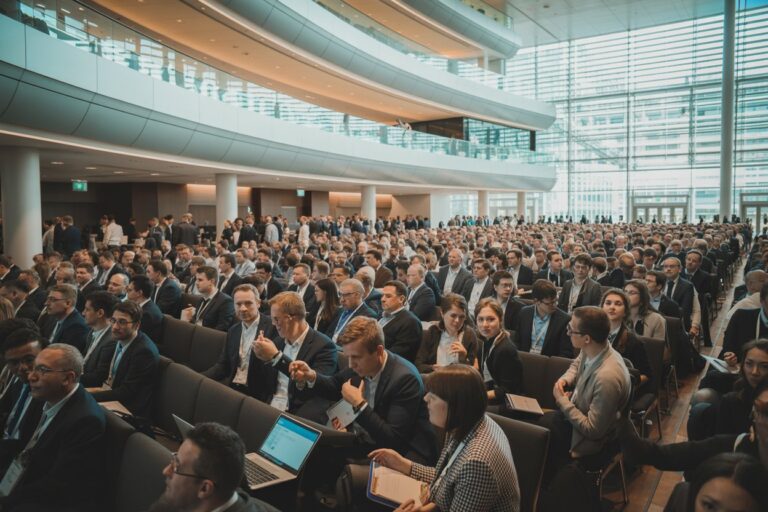 Large conference hall full of attendees in business attire seated in rows during a presentation or keynote, in a modern glass venue. (informative)