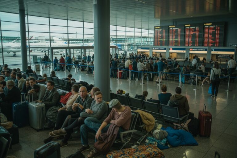 Crowded airport terminal with passengers seated and standing, luggage scattered around as they wait near check-in counters and flight boards.