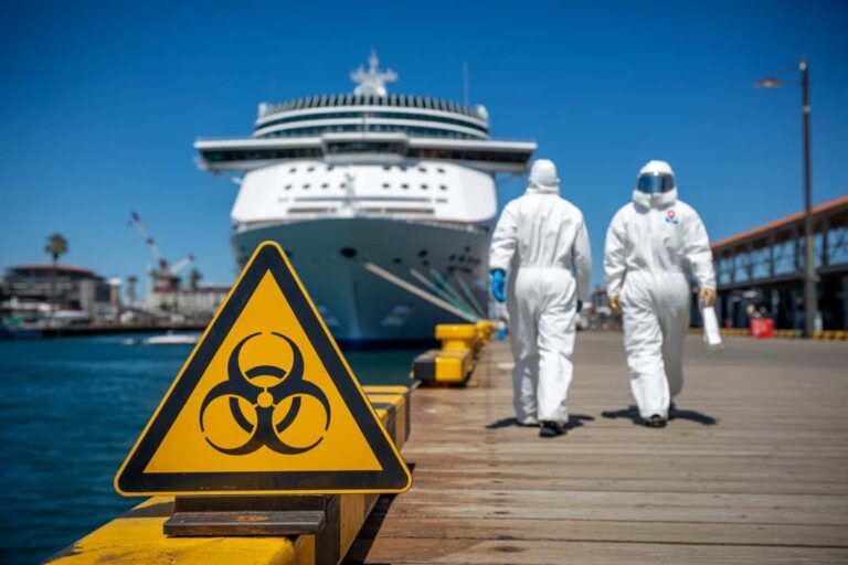 Yellow biohazard sign on a dock as two people in white hazmat suits walk toward a large cruise ship in the background.