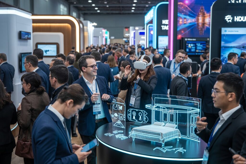 Crowd of professionals at a technology trade show; a woman wearing a VR headset stands by a glowing neon exhibit table with holographic furniture.