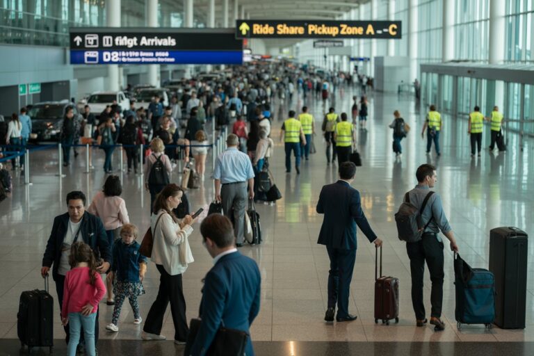 Busy airport terminal with passengers walking and pulling wheeled luggage under arrivals and pickup signs.