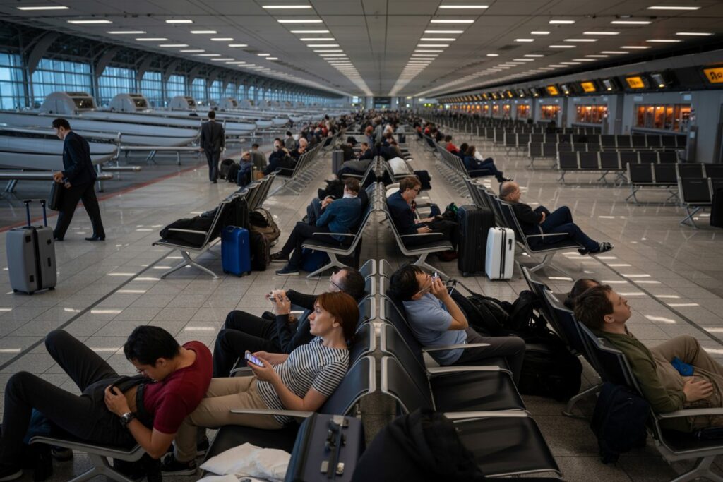 Passengers seated in a busy airport gate area, many with suitcases, some browsing phones, waiting for flights.
