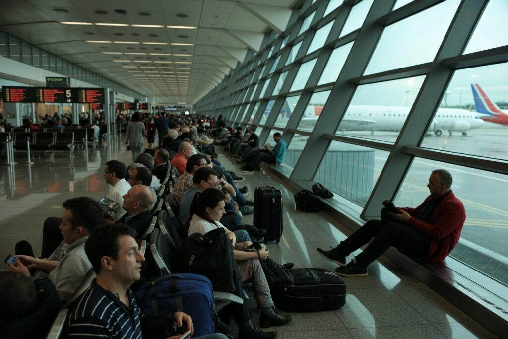 Busy airport terminal with rows of seated passengers and luggage, looking toward large angled windows with planes on the tarmac outside
